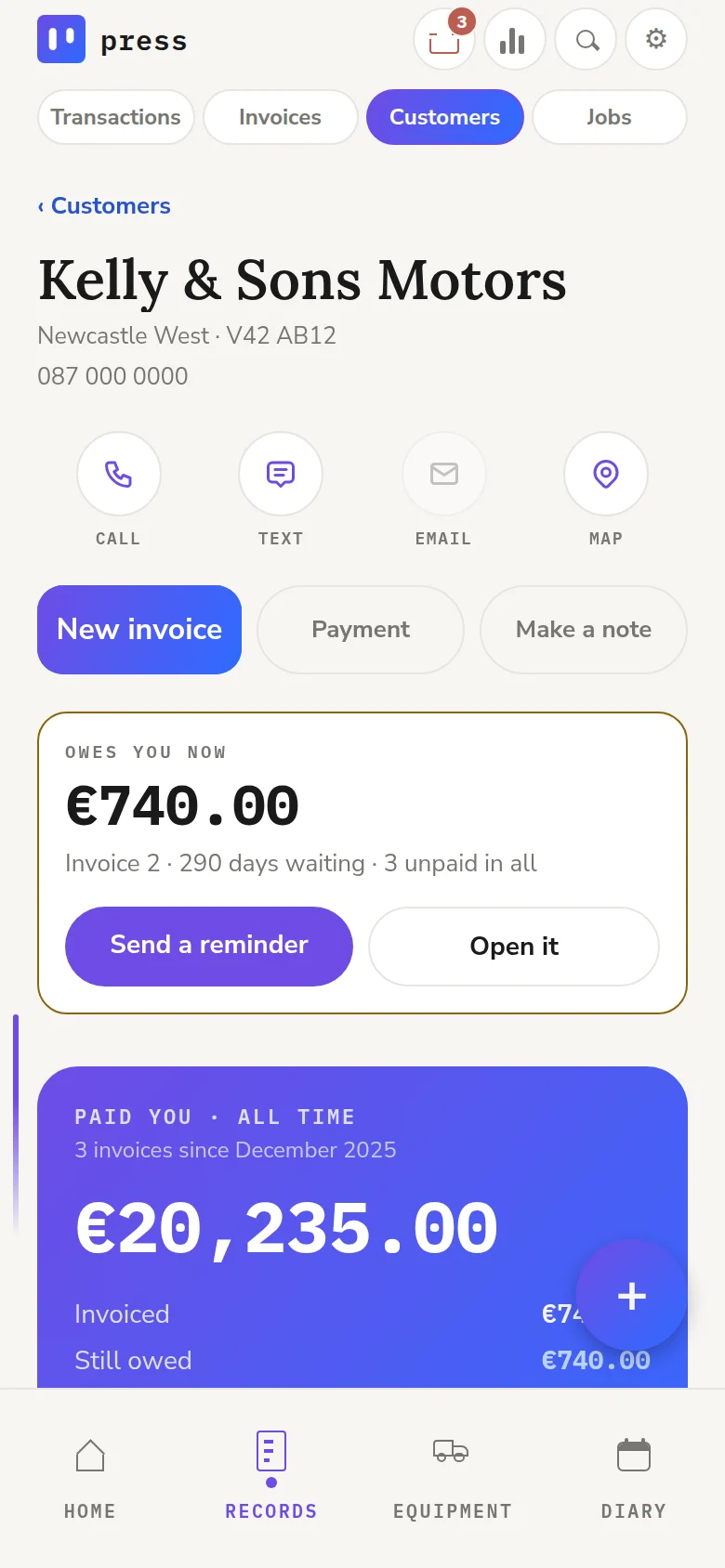 A customer page showing what they owe now and what they've paid