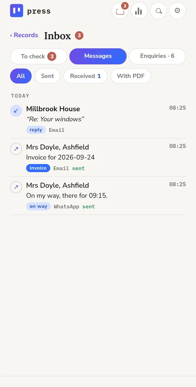 The Inbox's messages: an email reply from Millbrook House, an invoice emailed to Mrs Doyle, and a WhatsApp saying On my way, there for 09:15