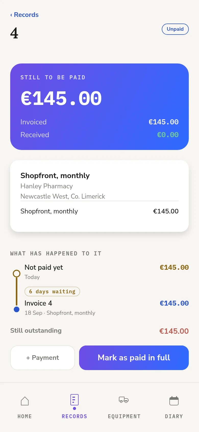 An invoice in Press: 145 euro still to be paid, with what has happened to it so far