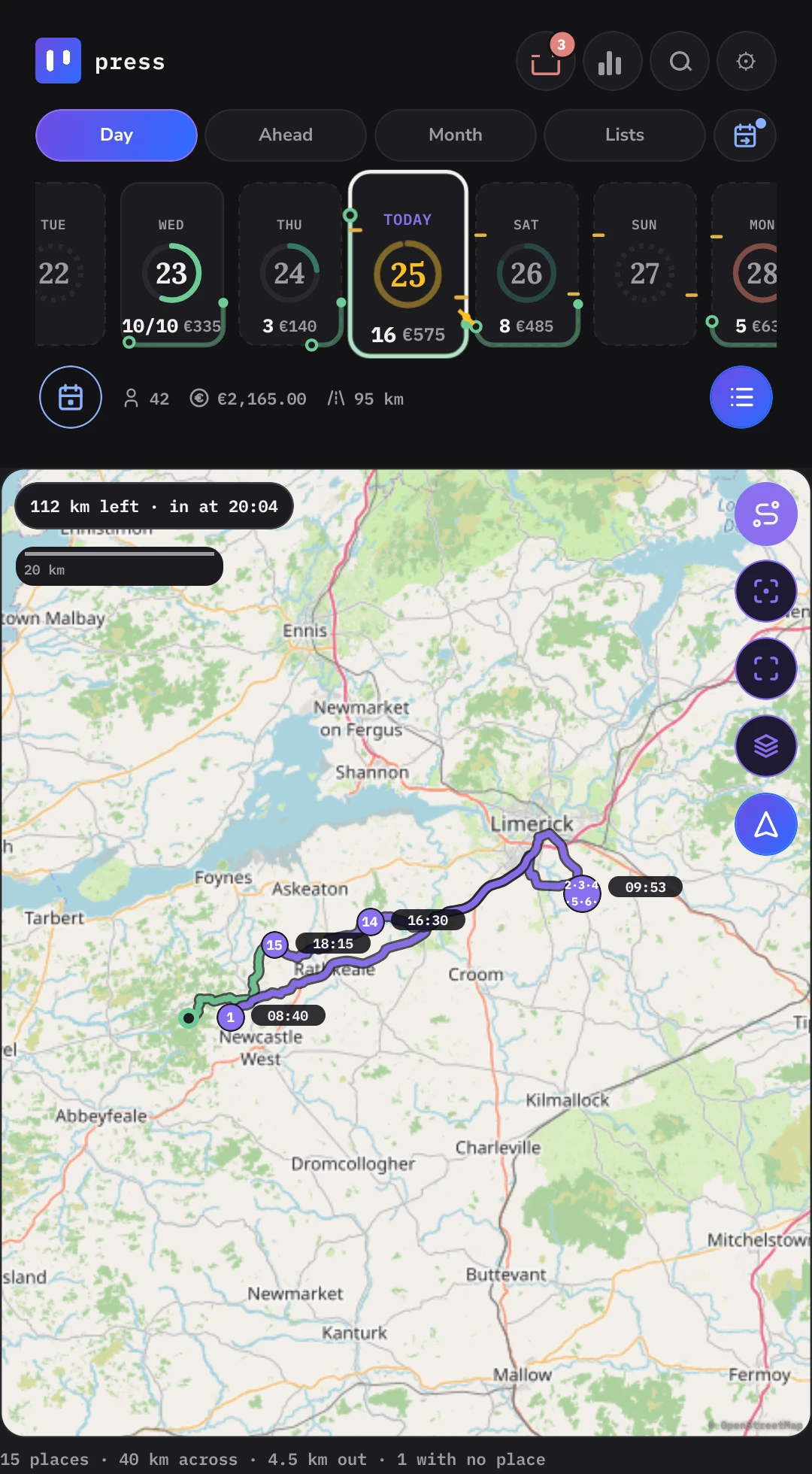 The Day page in dark mode: the week of day cells, 42 calls and 2,165 euro this week, and below it the day's route on a map of County Limerick, drawn along the roads from Newcastle West to Limerick and back, with 112 km left and in at 20:04