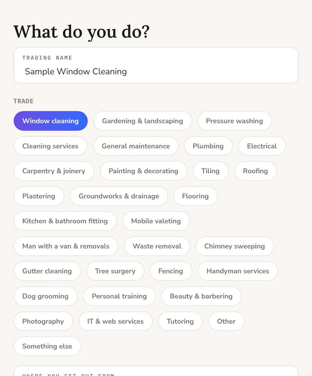 Setting up Press: pick your trade from window cleaning, gardening, pressure washing, plumbing, electrical, dog grooming, tutoring, photography and many more