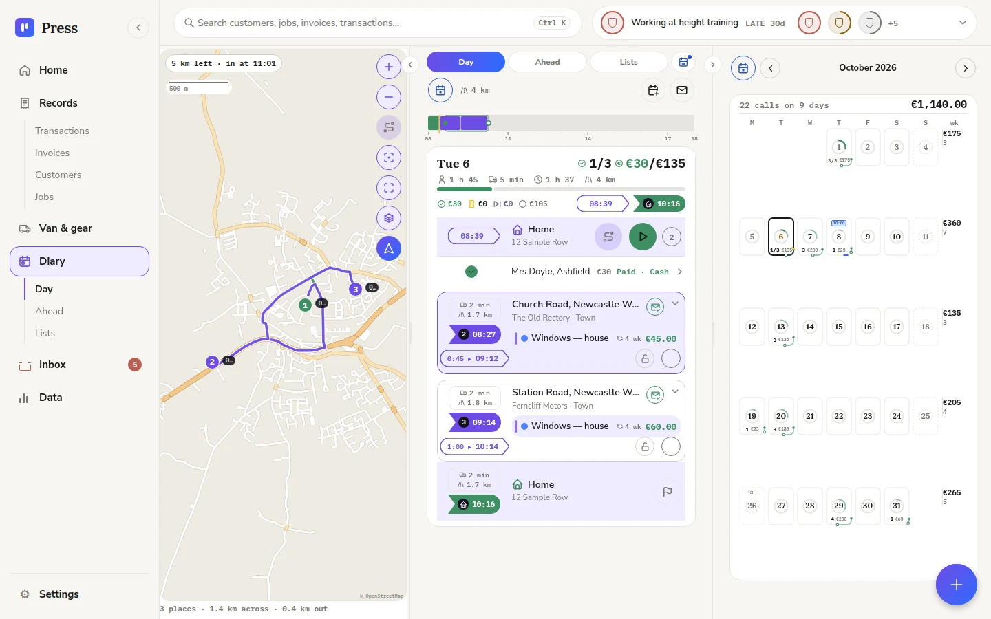 Press on a computer: the Diary in three columns, with the day’s route along the roads of Newcastle West on the map, the day’s three calls in the middle, and October’s month on the right